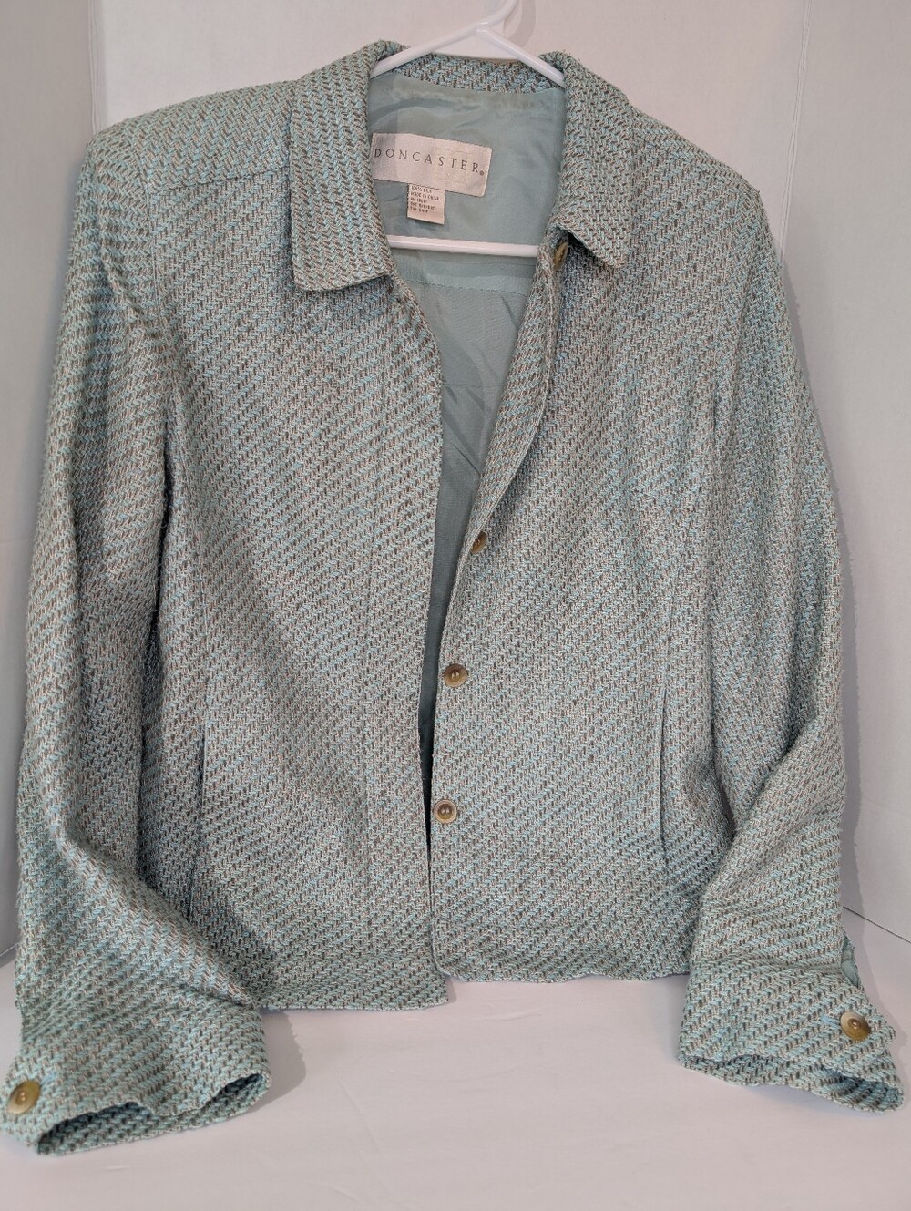 VTG 90s Doncaster Mint Green/ Aqua Silk Tweed Power Blazer Jacket Sz 6